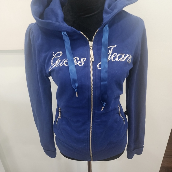 [ Guess Jeans]Royal blue,CUTEST, ZIP UP, HOODED JACKET W/ LACE TIES & RHINESTONE - Picture 6 of 16